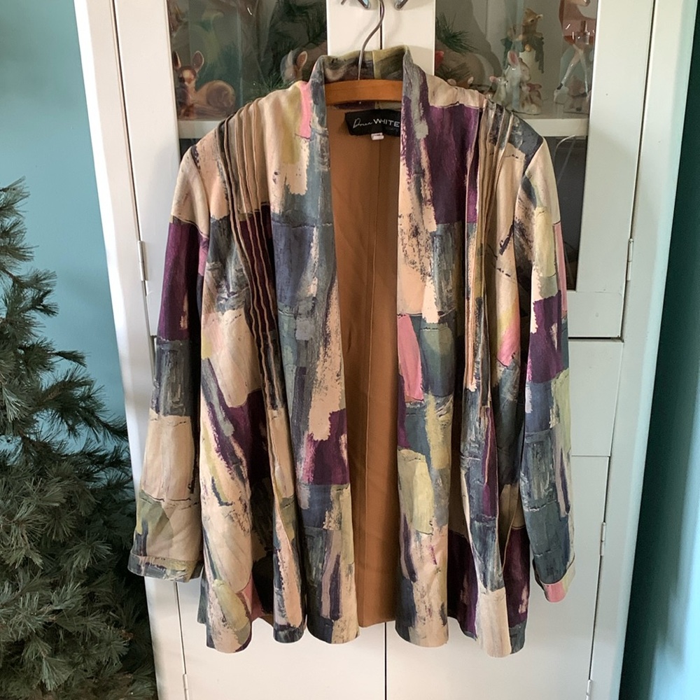 Donna White Coats sz M open front cardigan euc side pockets